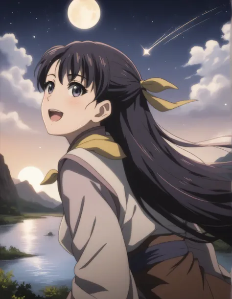 score_9, score_8_up, score_7_up, gsfghtr, multicolored robe, neckerchief, black hair, (long straight hair), cinematic Lighting, 1girl,solo,blush,smile, open mouth,Valley with Flowing River, moon, shooting stars, from back, (purple hair ribbon)