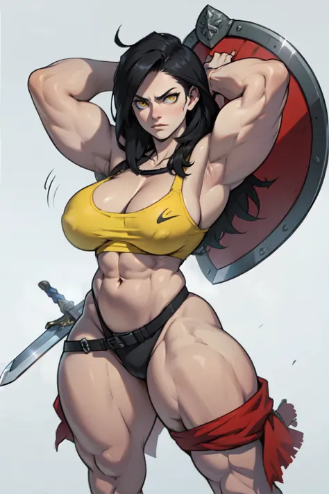 (shield & sword) (shield & sword) (shield & sword) black hair yellow eyes pale skin ample bosom huge muscles serious expression