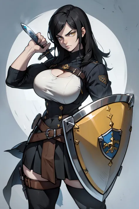 (shield & sword) (shield & sword) (shield & sword) black hair yellow eyes pale skin ample bosom huge muscles serious expression