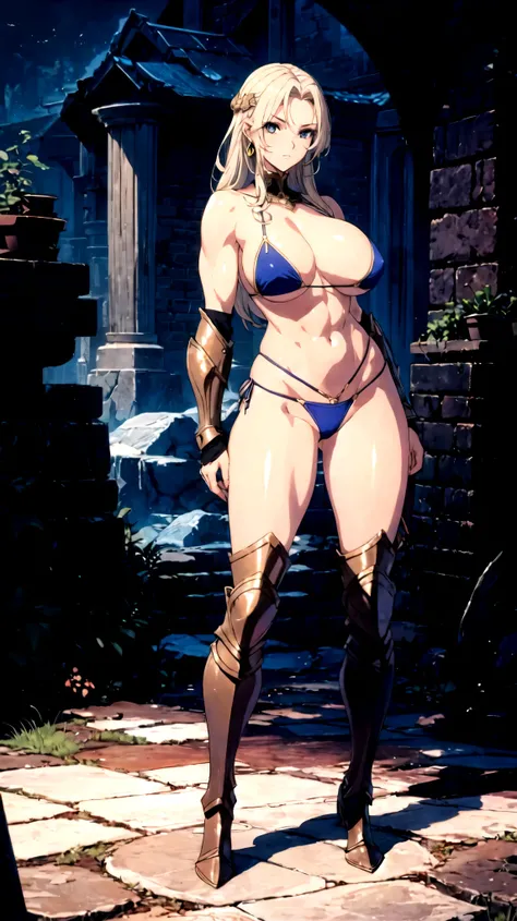 a woman in a bikini and armor poses in a fantasy town, full body, perfect face, fantasy art, bikini armor, bikini-armor, milfication, bikini armor female knight, gorgeous female paladin, a sexy warrior, ornate bikini armor, goddess, Milf, (very large breas...