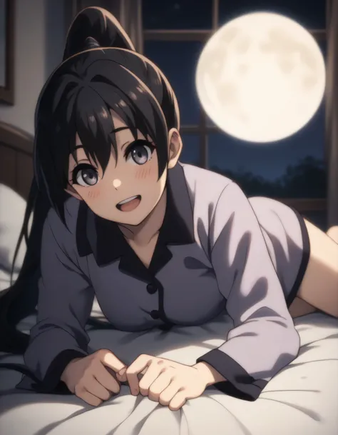 score_9, score_8_up, score_7_up, gsfghtr, long ponytail hair, black hair, pajamas, 1girl,solo,looking at viewer,blush,smile, open mouth, lying on bed, bed room with window, (((bright light from front))), moon, night