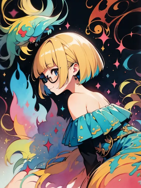 sideview+,Alone, upperbody ,blonde shot pixie cut,(blunt bangs),glasses,((offshoulder:1.3)), Seven Colored Peacock Round Dress ,Queen,Rainbow Town ,god々Shii, have sex appeal, knee-high socks, absolute domain,smile, Graffiti Like Bird Feathers, top quality ...