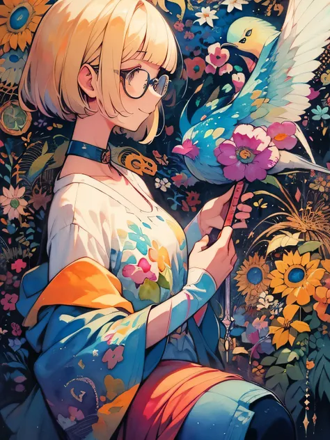 sideview+,Alone, upperbody ,blonde shot pixie cut,(blunt bangs),glasses,((offshoulder:1.3)), Seven Colored Peacock Round Dress ,Queen,Rainbow Town ,god々Shii, have sex appeal, knee-high socks, absolute domain,smile, Graffiti Like Bird Feathers, top quality ...