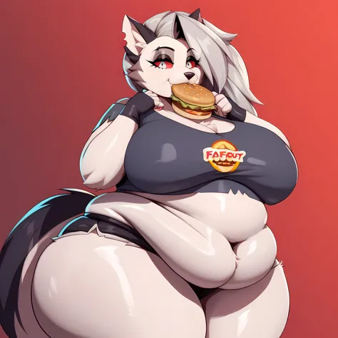 Loona Helluva Boss, fat body, sexy pose, ((Furry)), (ssbbw), very obese, perfect fat anatomy, belly soft like a marshmellow, ((eating fast food)), ((restautant background)), ((ONLY 1 Character))