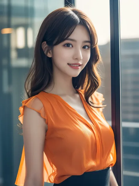 1girl in, (Wearing a transparency orange blouse:1.4), (Raw photo, Best Quality), (Realistic, Photorealsitic:1.4), masterpiece, Extremely delicate and beautiful, Extremely detailed, 2k wallpaper, amazing, finely detail, the Extremely Detailed CG Unity 8K Wa...