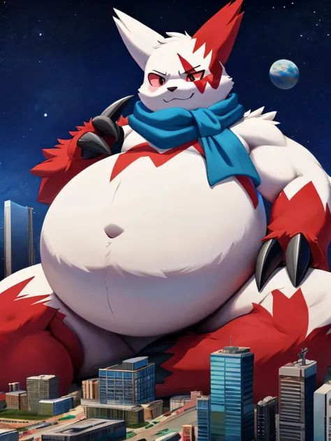 4k ultra quality, 4k half body view,ultra high detailed body,feral (zangoose),enormous body,(macro),(giga),(small head),((hyper belly)),bloated belly,wearing blue scarf,side view,belly touch ground,tired,beside buildings,on a planet,small head,sitting,evil...