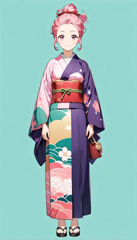  Anime Woman , Pink Hair,pink eye, official character art,(((((whole body))))), kimono, is standing,(((( full body)))),(( simple background )),(Green background),smile,Hair tied up, precise face,Japanese purple kimono ,(30-year-old woman),Long-sleeved kimo...