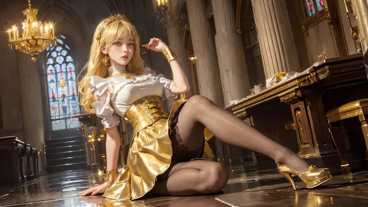 (Absurdly, High Quality  ,  very detailed,32K、 high image quality、Ultra HD、 golden ratio face 、 realistic、 complicated、 high detail、 ultra high resolution )、((( standing、Skirt Up1.5、 fluffy skirt)))、((( yellow hair、 one length、Bob Haired Maid)))、(((Sheer O...