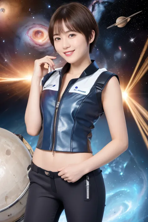 343 (20-year-old female, short hair), ( high image quality), (smile), (SF Cool Suit Flower), (( The World of Galaxies and Space )), (Nebulae and Planets ), (Spaceship), (chest:1.2)