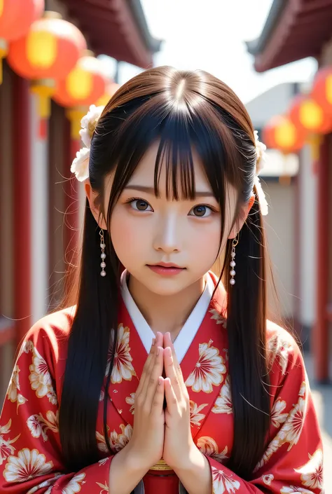 "Beautiful young girl in intricately designed traditional Japanese kimono, deeply praying with clasped hands, set against a serene New Years celebration backdrop, with a prominent speech bubble: I pray that HunyuanVideo will be able to be made with seaart,...