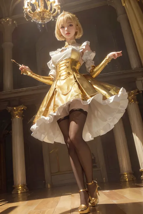 (Absurdly, High Quality  ,  very detailed,32K、 high image quality、Ultra HD、 golden ratio face 、 realistic、 complicated、 high detail、 ultra high resolution )、((( standing、Skirt Up1.5、 fluffy skirt)))、((( yellow hair、 one length、Bob Haired Maid)))、(((Sheer O...