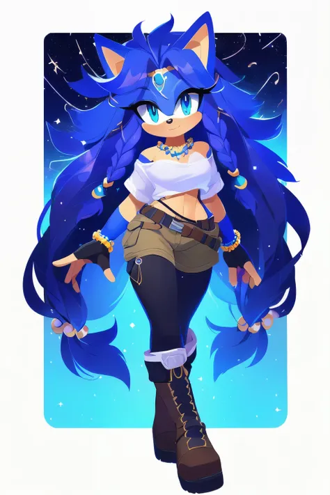 Sonic oc, Mobian, female, sonic the hedgehog but female, Cosmic hedgehog, A beautiful light blue hedgehog, purplish blue eyes, very long hair/quills, braided and beaded long hair bangs, long streaks of hair on each side of her face, (star constellation on ...