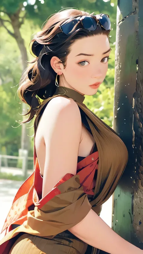 8k,  top quality , masterpiece,  very detailed,  semi-realistic ,  girl ,  girl , 20 years old, ,  bang on long dark brown hair, Curly Hair,  green eyes,  black Japanese style cut dress , White Bread, Bare shoulders,  golden details, ( firm and well-shaped...