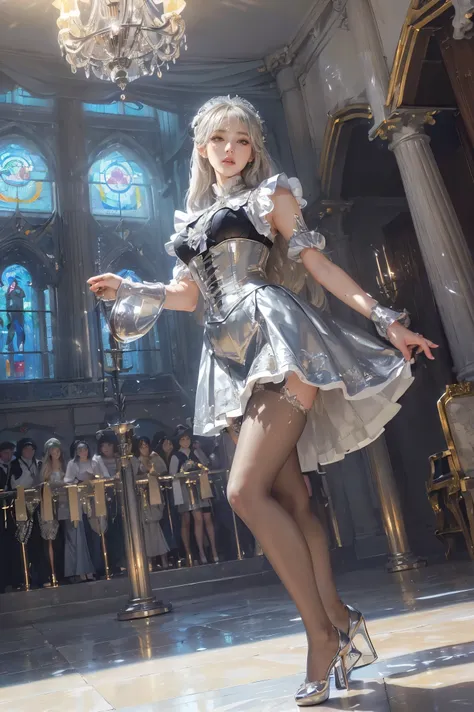 (Absurdly, High Quality  ,  very detailed,32K、 high image quality、Ultra HD、 golden ratio face 、 realistic、 complicated、 high detail、 ultra high resolution )、((( standing、 Fantastic、Skirt Up1.5、 fluffy skirt)))、(((silver haired maid )))、(((Sheer Outfit 、 si...