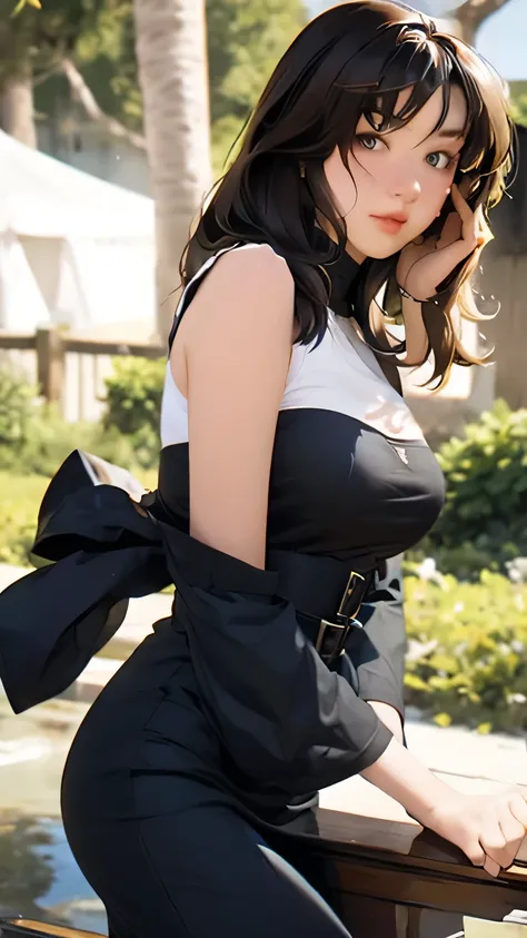 8k,  top quality , masterpiece,  very detailed,  semi-realistic ,  girl ,  girl , 20 years old, ,  bang on long dark brown hair, Curly Hair,  green eyes,  black Japanese style cut dress , White Bread, Bare shoulders,  golden details, ( firm and well-shaped...