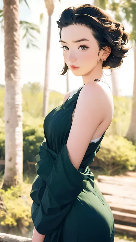 8k,  top quality , masterpiece,  very detailed,  semi-realistic ,  girl ,  girl , 20 years old, ,  bang on long dark brown hair, Curly Hair,  green eyes,  black Japanese style cut dress , White Bread, Bare shoulders,  golden details, ( firm and well-shaped...