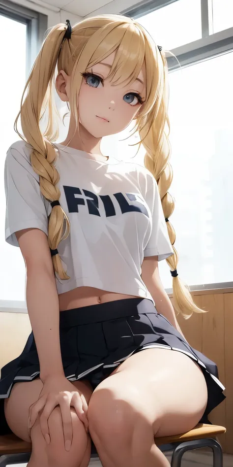  (blonde wave twin tail hair、) squat、Sucking fingers、 open leg 、 transparent、  squat(Elementary school      girl )(Teen Room)    Wearing a grey t-shirt、 sweated、 Just before sunset 、( Thigh and Crotch Extension     )、     Beautiful Sunset     、  realistic ...