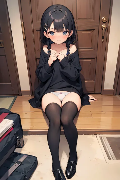 ( absurd: 1.4), ( absolute resolution : 1.4), ( Highest Masterpieces: 1.4), (  masterpieces at the front door of the house ), 1080P,  high res, 4K, 8k,  thighs,  Bell Sleeve Sweater、 taken from directly above ,  sit cross-legged, Hands and feet  , magazine...