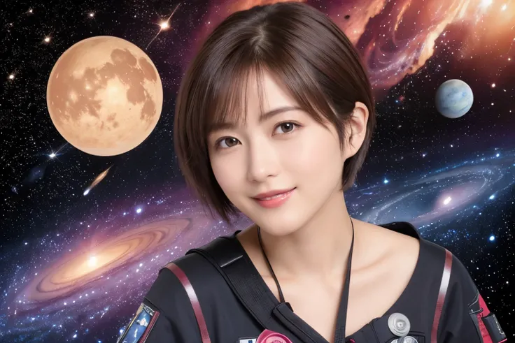 343 (20-year-old female, short hair), ( high image quality), (smile), (SF Cool Suit Flower), (( The World of Galaxies and Space )), (Nebulae and Planets ), (Spaceship), (chest:1.2)