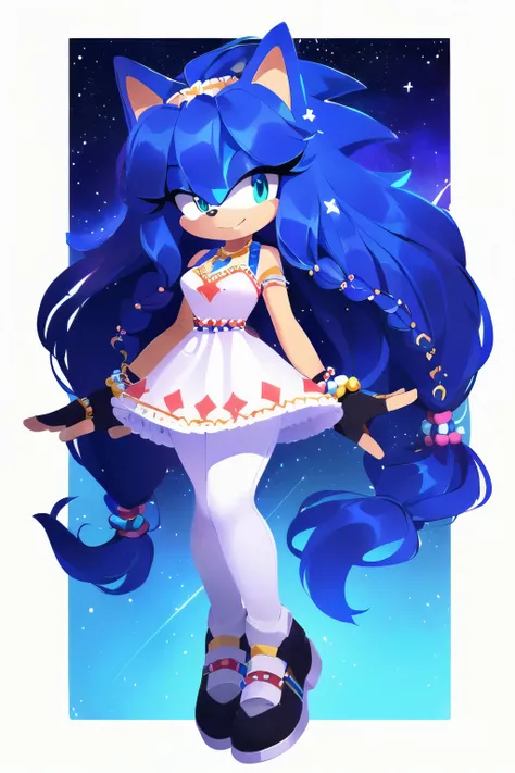 Sonic oc, Mobian, female, sonic the hedgehog but female, Cosmic hedgehog, A beautiful light blue hedgehog, purplish blue eyes, very long hair/quills, braided and beaded long hair bangs, long streaks of hair on each side of her face, (star constellation on ...