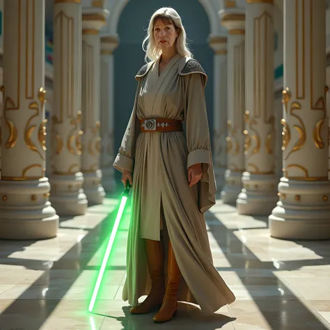  Use this image and create an older woman with the same face . (( realistic ))  He wears gray and tan Jedi robes . Wear cinnamon knee-high boots .  She wears a white belt .  She wears a single-leaf lightsaber in green .  She is standing in the middle of a ...