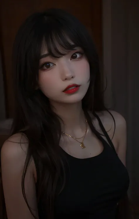 photorealistic nikon 55mm photo, Hanfu Chinese female celebrity goddess wearing a black tank top push-up breasts and gold necklace, red lips, very long silky brown hair, perfect bangs, eye shadow, attractive beauty, long black eyelashes, black eyeliner, se...