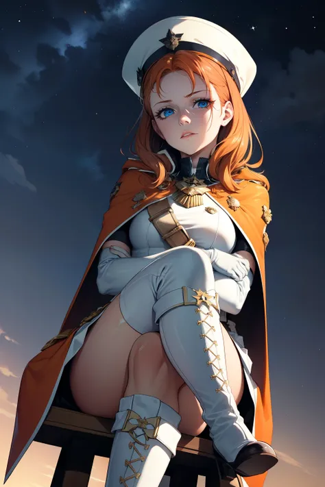 annette_war,orange hair,blue eyes ,glossy lips, light makeup,cape ,military uniform,white military hat,sleeveless, white skirt,white thigh-high boots, white elbow gloves, sinister villianess look, looking down on viewer, crossed legs, night sky background