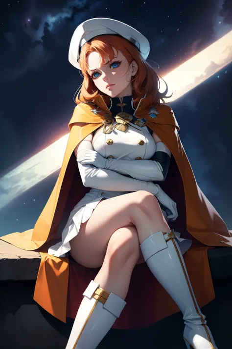 annette_war,orange hair,blue eyes ,glossy lips, light makeup,cape ,military uniform,white military hat,sleeveless, white skirt,white thigh-high boots, white elbow gloves, sinister villianess look, looking down on viewer, crossed legs, night sky background