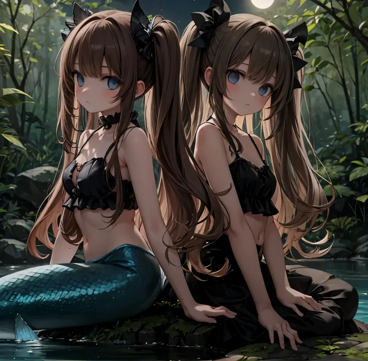 mermaid,night,darkness, are expressionless,forest,Pool