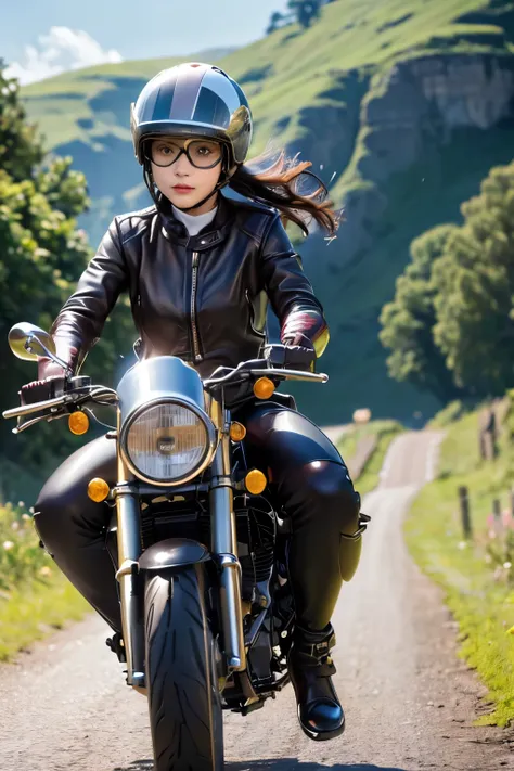 (A young female rider speeds along on a motorcycle)、Vintage Bikes、Bluff Superior SS100、Isle of Man Races、Leather jumper、Cromwell helmet with goggles、After the Rain、English countryside、(Highest quality, masterpiece, High resolution)、8k、wallpaper