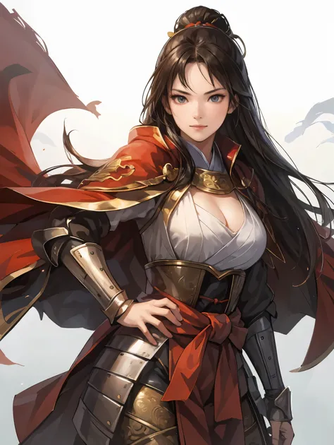   beautiful woman with dark hair ：1.3,  Stunning Character Art , Hanfu,((  pure white background)), ( top quality ),  handsome，Beautiful female knight, 2. 5D CGI fantasy artwork,  detailed digital art , Very nice work of art,  fan Art Best Art Station, ( r...