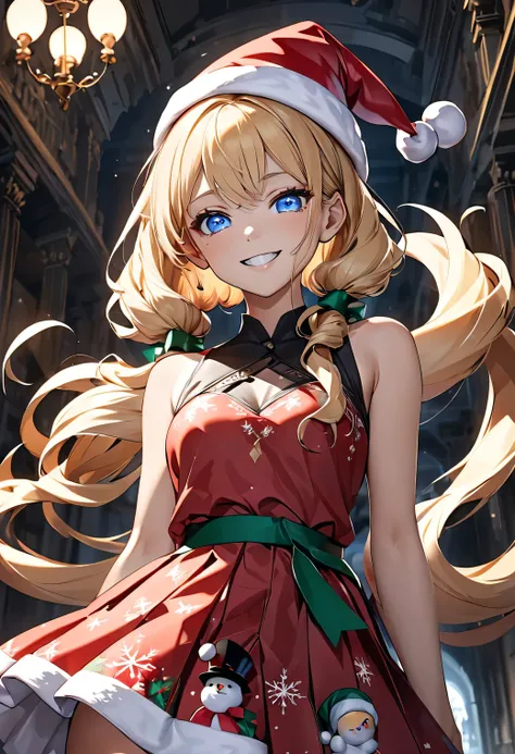 ((best quality)), ((masterpiece)), (detailed), (4k), (8K), 1girl, Beautiful anime girl, ( Teenager ), beautiful face , shiny skin and face , make-up, smiling showing her teeth , big, aesthetic eyes , blue eyes, shiny , (( intimidating look)), aesthet...