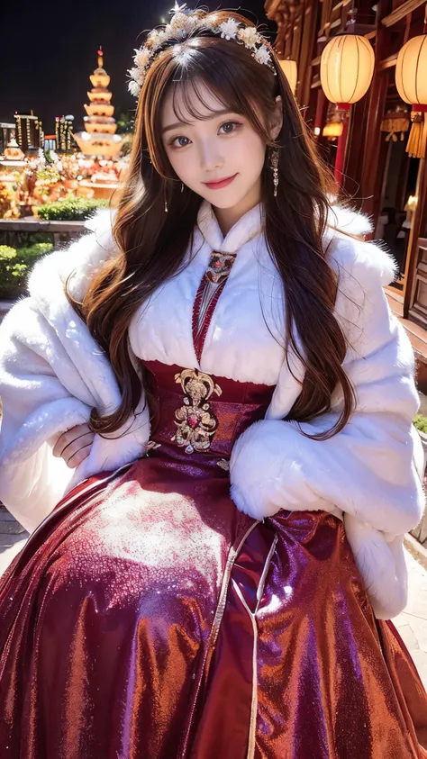   Beauty,     Chestnut hair    ,      beautiful eyes  ,    Smile,  Actual , Full HD,    Very Beautiful Dress  ， Fluffy Dress  ， Curved Body，Magnificent views ， gorgeous decoration ，Long gown，中国发髻，outdoor，Plush，Thick clothes，Wrapping Man ， long sleeve，Cloth...