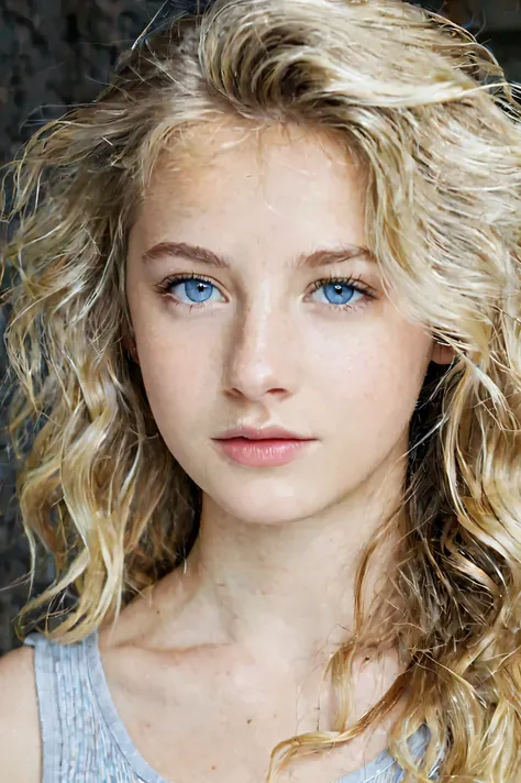 Woman, 18 years old, natural blonde, blue eyes, wavy hair