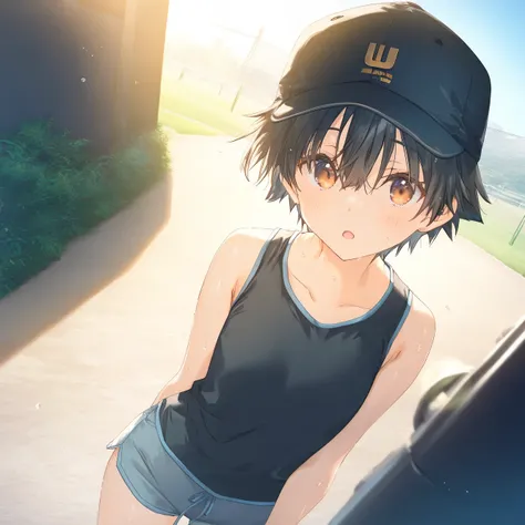 1girl, loli, tomboy, sweat, shorts,beautiful detailed eyes,open mouth,baseball_cap, outdoors, wind,  game CG, break,(artist:mitsumi_misato),artist:fujiyama,artist:kokonoka, break,(masterpiece), (best quality), (ultra-detailed),(Detailed Lighting), very aes...