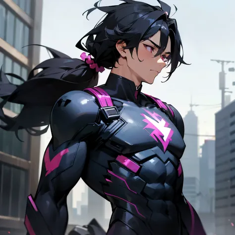 1male, adult, buff build, finely detailed magenta eyes, charcoal black hair, messy braided ponytails, long messy hair, shazam suit, black atom suit, thuderbolt on chest, standing in street, calm expression,