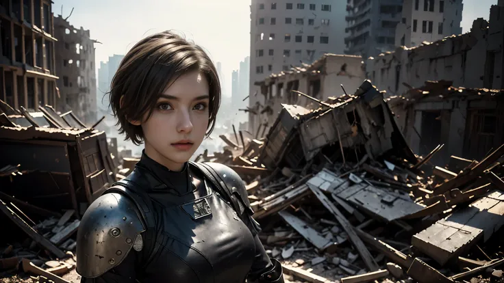 masterpiece, high resolution,8K,( Portrait Photos:1.5),(R Original Photo),Reality,Digital Photography,(Ruins of the Apocalypse ),City ruins,20 year old pretty female ,Short hair,Shut up, post-apocalyptic scene , Upper body photography ,Damaged Armor, Se...