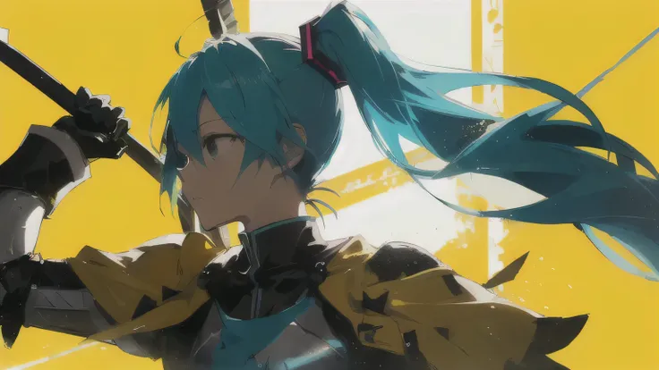  Hatsune Miku ,  ( yellow background :1.2), Don Quixote style knight holding up a spear,  backlit,  silhouette