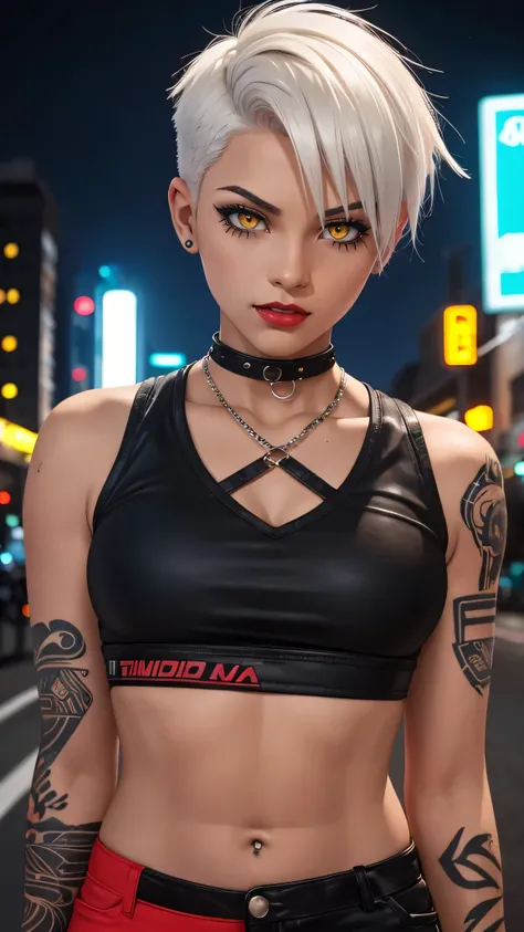 image of tomboy girl, solo, masterpiece, white hair, undercut hairstyle, Dark Skin, yellow eyes, masterpiece, image of a wild girl with tattoo, midriff, punk, red eyeshadow, wild, smirk on face, city at nighttime, neon colors lighting, moody, shadows, 1 gi...