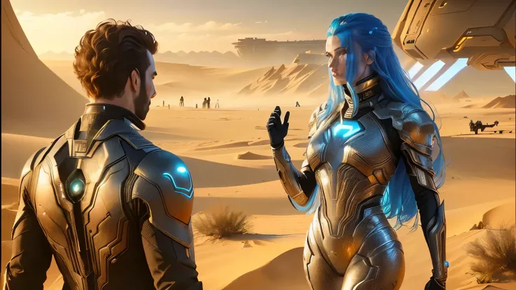 arafed image of a man and a woman in futuristic clothing, scene from dune 2 0 2 1 movie, film still from dune 2020, film still from movie dune-2021, in the 2 0 2 1 movie dune, depicted as a scifi scene, in an arena in dune 2021