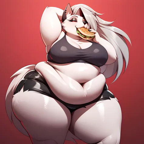 Loona Helluva Boss, (Fat body), (sexy pose), ((Furry)), (ssbbw), (very obese), (perfect fat anatomy), (belly soft like a marshmellow), (eating fast food), (home background), ((ONLY 1 Character)), (black latex shorts), (((she´s dancing while eat)))