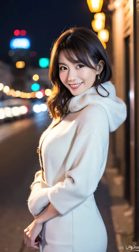 Highest resolution, 4K, Masterpiece: 1.3), A Japanese milf, photo of one lady, Sexy: 1.1, fine eyes, Slender figure, Realistic teeth, smile, double eyelids, full body, best quality, detailed, beauty, night, at the city, illumination, winter