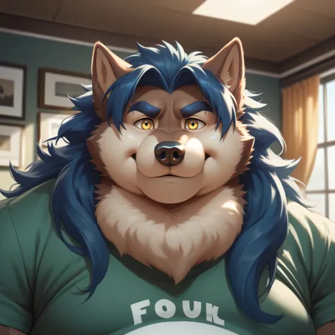 overweight wolf, (((wolf))), canid, furry, (morbidly obese, fat, excess fat), ((brown fur)), (big eyes, yellow eyes), male, long snout, black nose, (((focus on face))), (dark blue eyebrows), ((thick fur)), ((looking at the viewer, frowning)), ((fat neck)),...