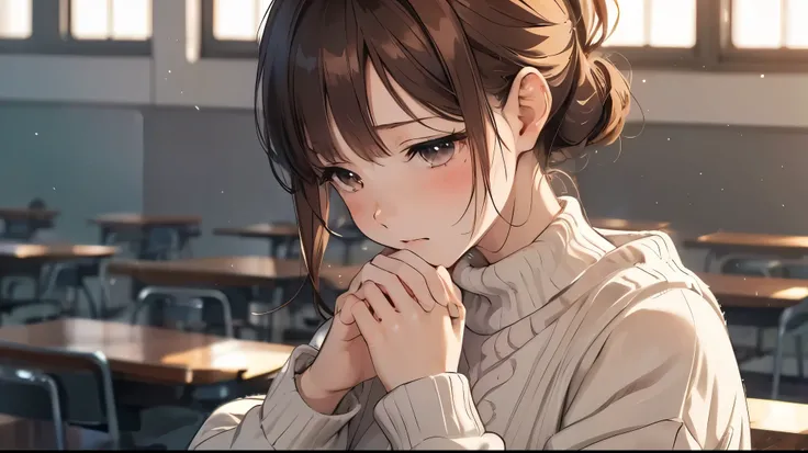  recent Japanese anime-style illustration,  one high school girl,  high quality,  Highest Masterpieces, ４k ,  troubled expression, Bitter smile, Laughing like trouble ,  Im shedding tears,  face you ,  beautiful woman,  wearing a white sweater ,  high neck...