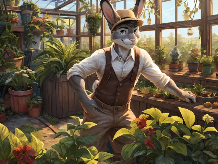 rabbit, anthro, gray fur, farmers attire, cultivation plants, easygoing, smile, in greenhouse, masterpiece, (16K), HD, Various facial details, detailed background, very detailed, dynamic poses, Eyes details, high resolution, high quality, correct anatomy,...