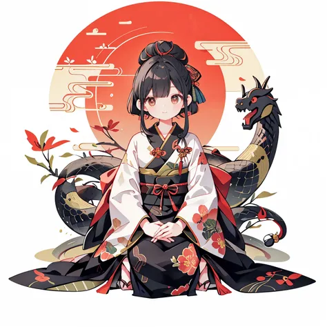 （snake：1.4）,   sits on the ground  , Look up, Sit with your hands on your lap、seiza、kimono， Traditional Chinese Illustration Style,   digital art ,  simple background ,   poses for a masterpiece , 最 High Quality ,  ULTRA DETAIL,  High Quality , 4K　