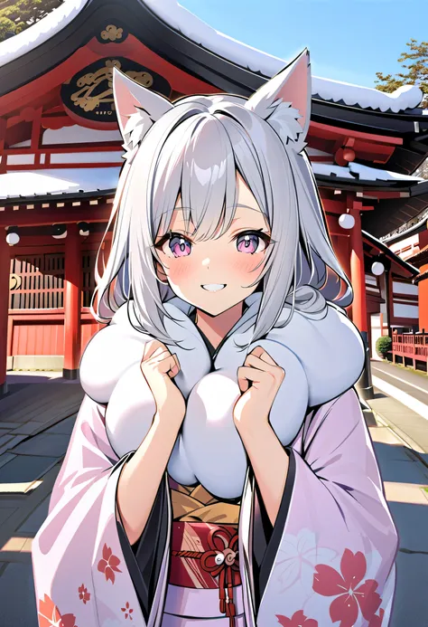 winter，smile，Dog ear girl，          Silver Hair，     Japan，shrine， White Ear，  smile，kimono，first visit of the year to a shrine， with a white squishy wrap around my neck