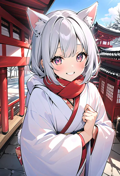 winter,smile,Dog ear girl, Silver Hair, Japan,shrine, White Ear, smile,kimono,first visit of the year to a shrine, with a white squishy wrap around my neck