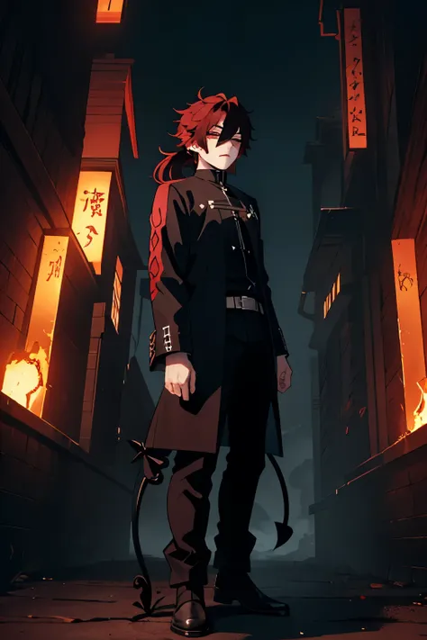 A demon slayer OC     full body    :

hair:  Long and straight , tied in a low ponytail,  in an intense black with dark reddish reflections like dull embers .

eyes: Deep and dark red ,  with a dull sheen that reflects his serious personality .

scar:  A p...