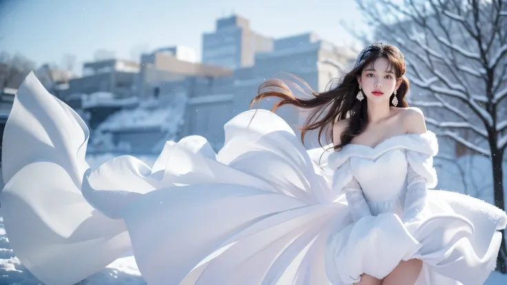 tmasterpiece、quality、ultra - detailed、Marilyn Tugue ， Focus on the thighs and above，Clear face，（Best quality）， beuaty girl：1.5、(Red fluffy off-shoulder dress style)，long hair fluttering，Snowflake earrings、snowflakes falling、bblurry、Snow World